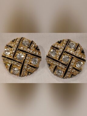 Gold and Black Crystal Button Earrings - Women Jewelry